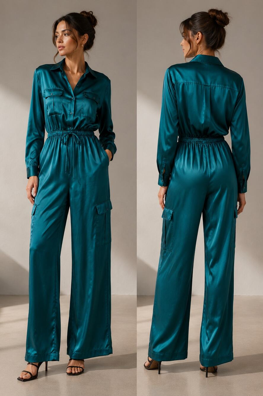 EXPRESS Green Satin Cargo Utility Jumpsuit Wide Leg Drawstring Waist Size Small